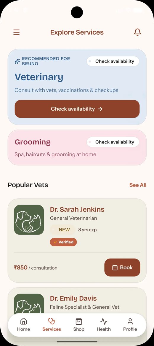 PETISM app services screen